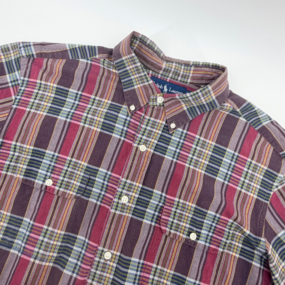 Ralph Lauren Button Down Shirt Mens XL Multicolor Plaid Classic Fit Short Sleeve